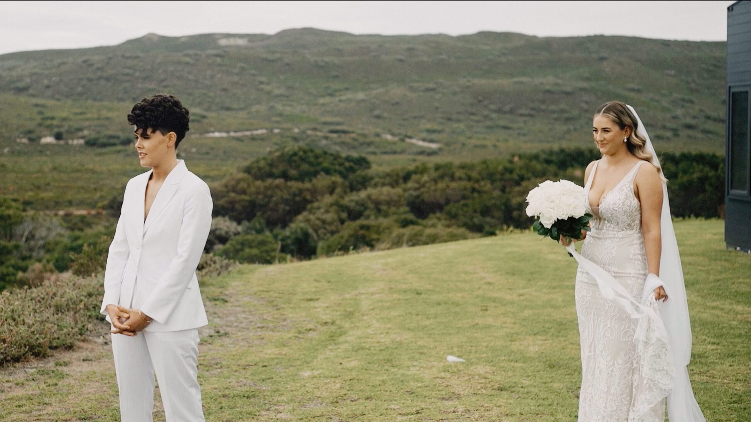 First look moment before Renae turns around at her Parry Beach Breaks wedding in Denmark WA