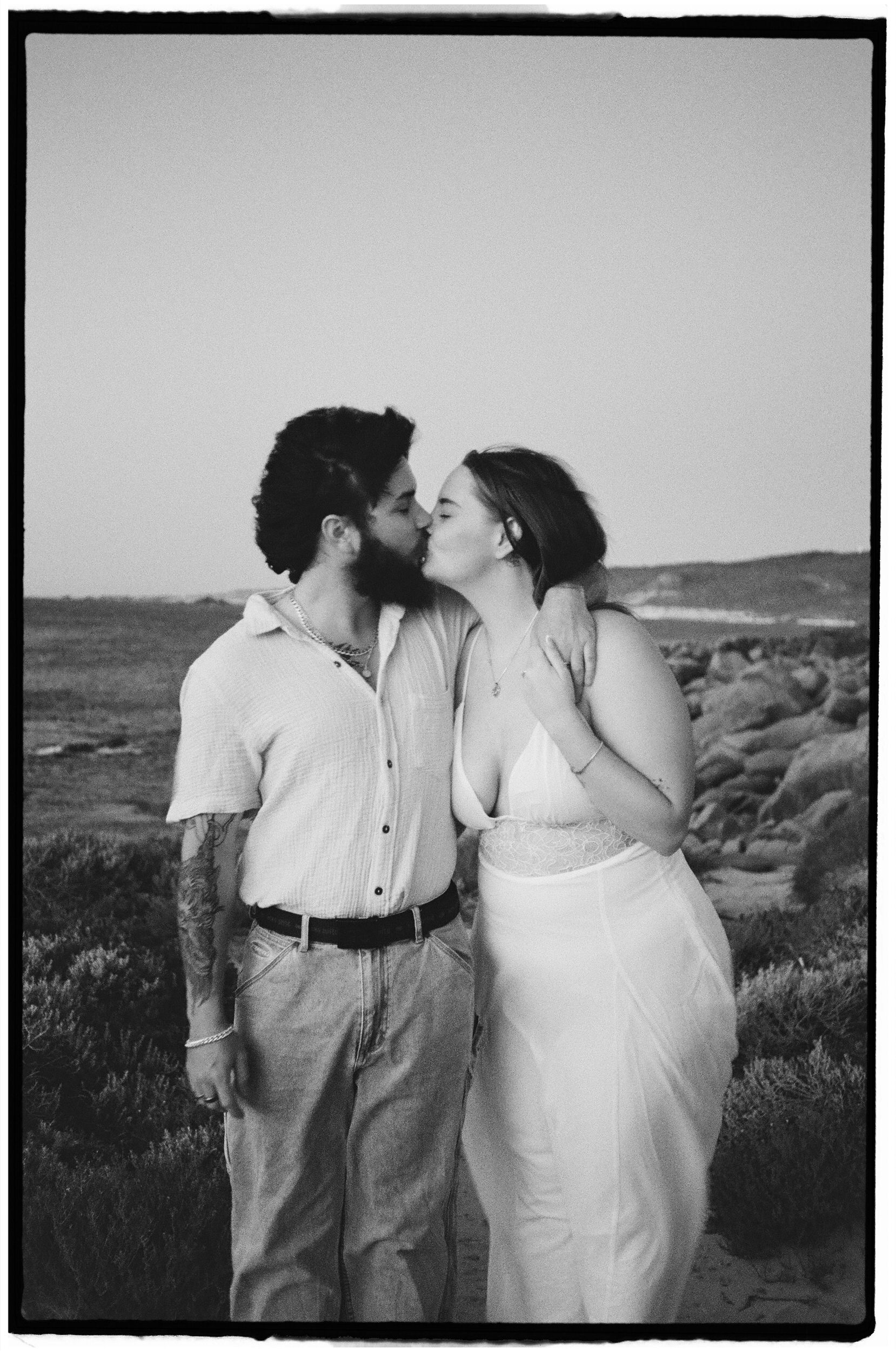 Black and white proposal photograph captured on 35mm film in Dunsborough